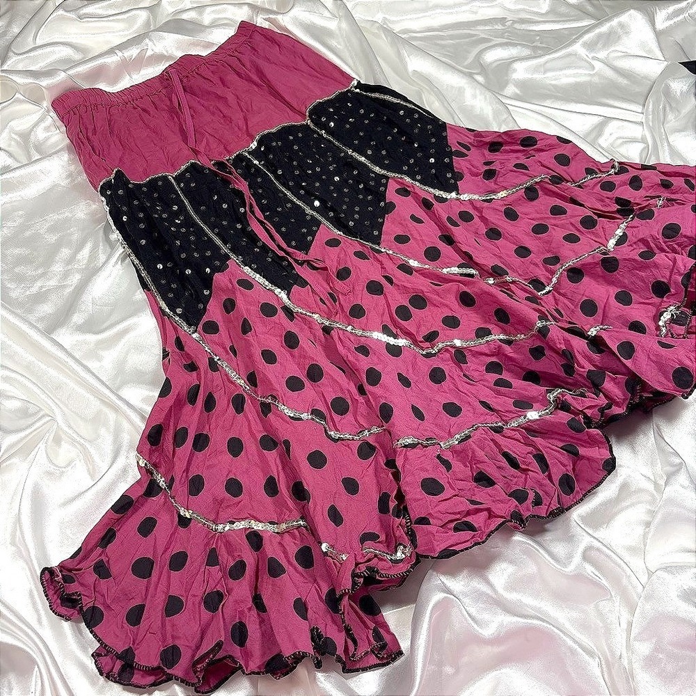 y2k boho tiered maxi skirt magenta excellent polka dot sequin peasant gypsy